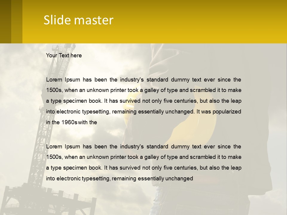 A Man Holding A Yellow Safety Helmet In Front Of A Crane PowerPoint Template