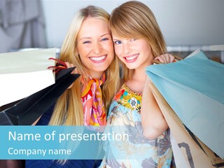 Two Beautiful Women Holding Shopping Bags Powerpoint Template PowerPoint Template