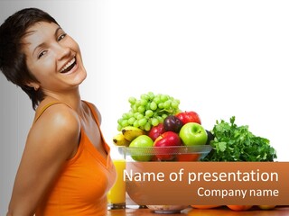 A Woman Standing Next To A Bowl Of Fruit And Vegetables PowerPoint Template