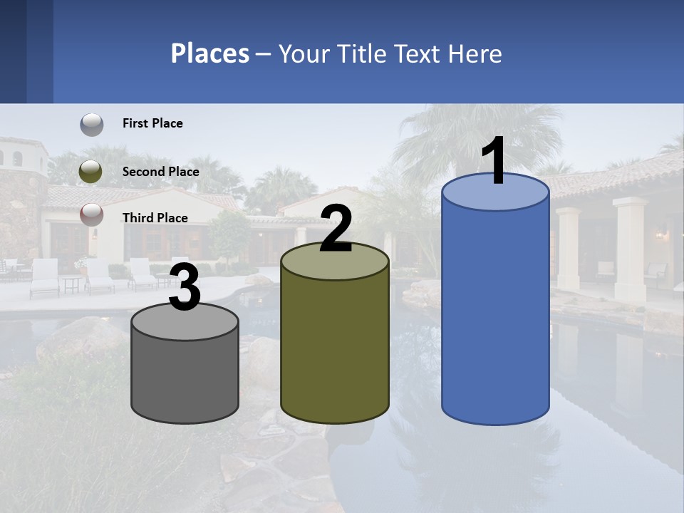 A Pool Surrounded By Palm Trees Next To A House PowerPoint Template