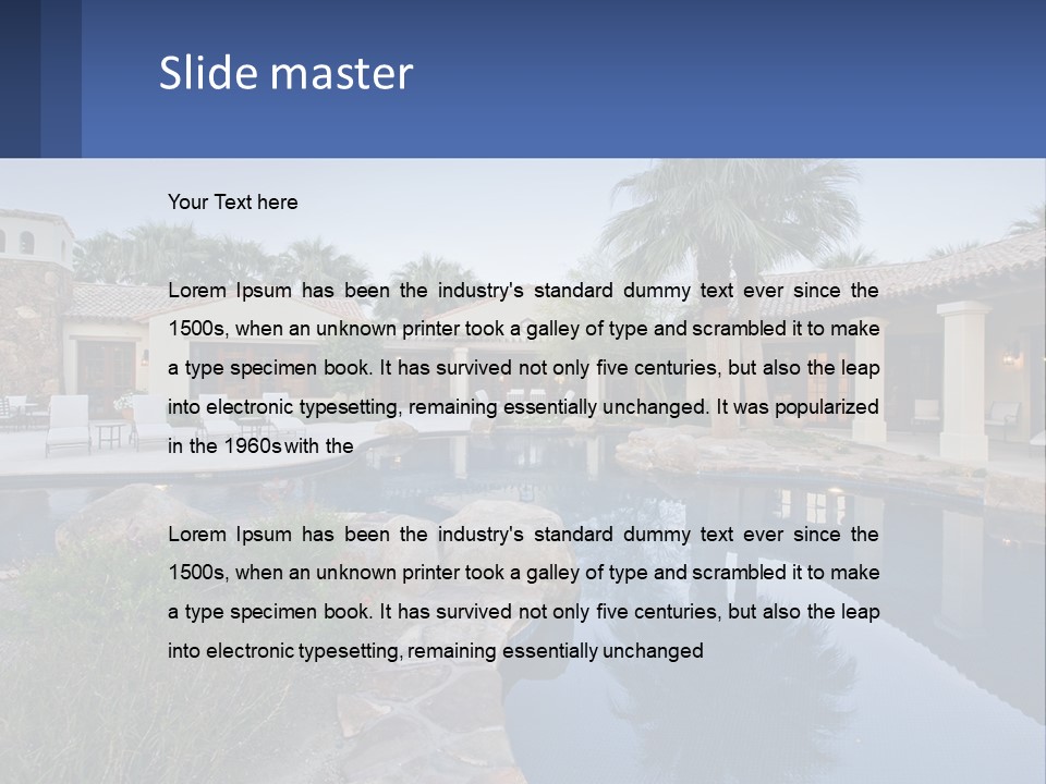 A Pool Surrounded By Palm Trees Next To A House PowerPoint Template