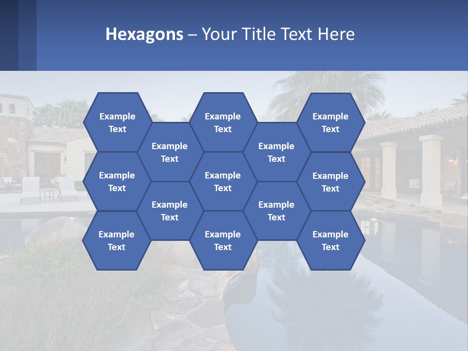 A Pool Surrounded By Palm Trees Next To A House PowerPoint Template