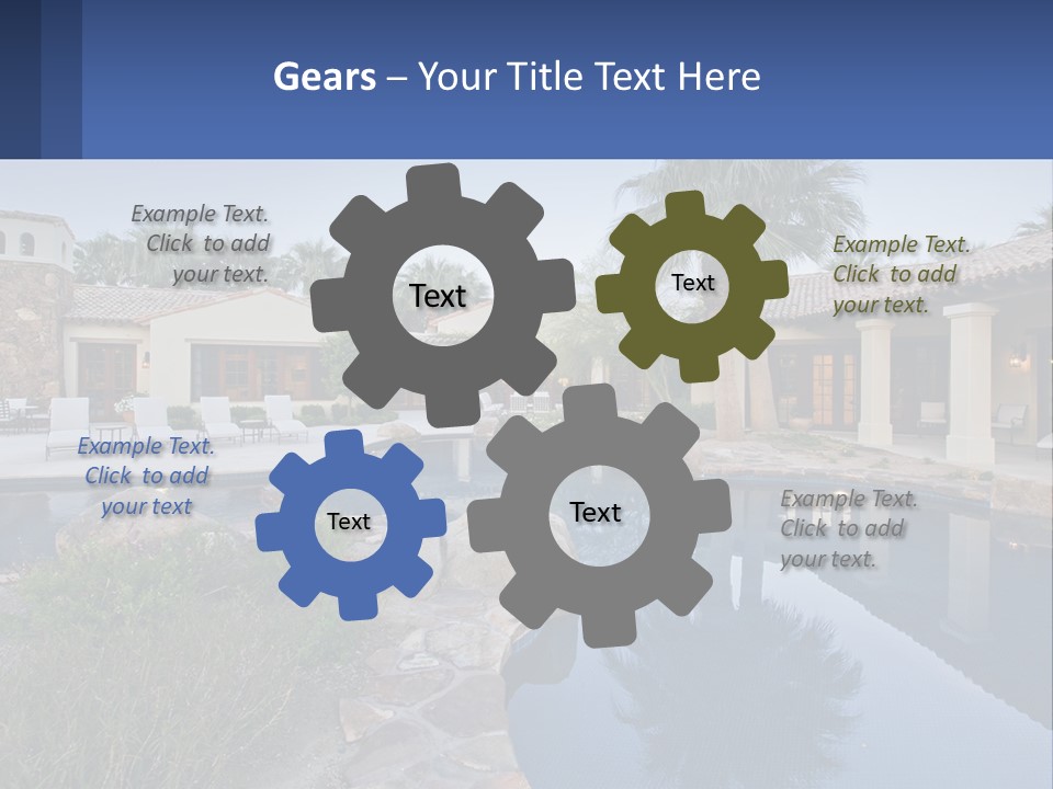 A Pool Surrounded By Palm Trees Next To A House PowerPoint Template