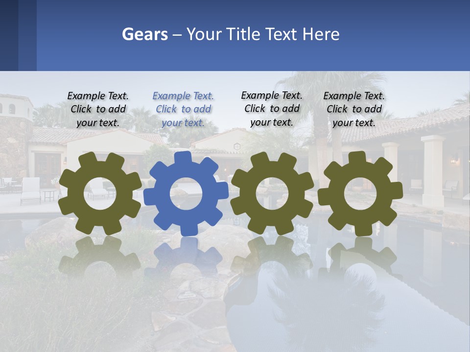 A Pool Surrounded By Palm Trees Next To A House PowerPoint Template