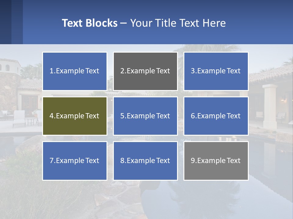 A Pool Surrounded By Palm Trees Next To A House PowerPoint Template