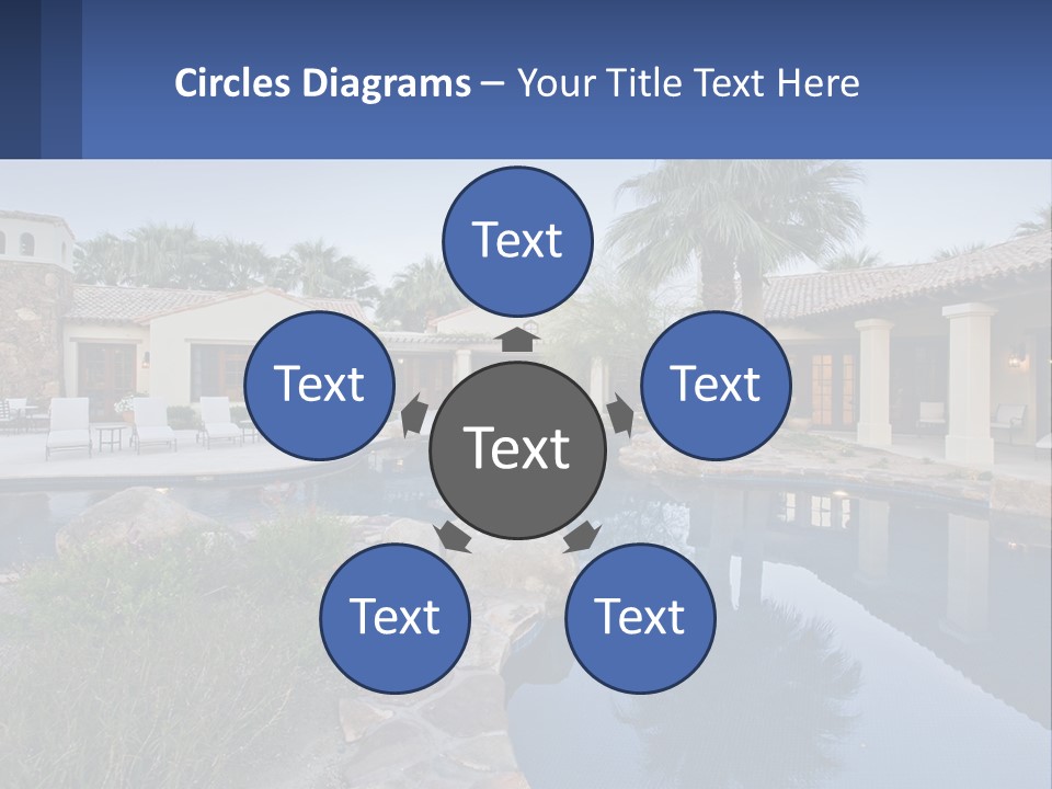 A Pool Surrounded By Palm Trees Next To A House PowerPoint Template