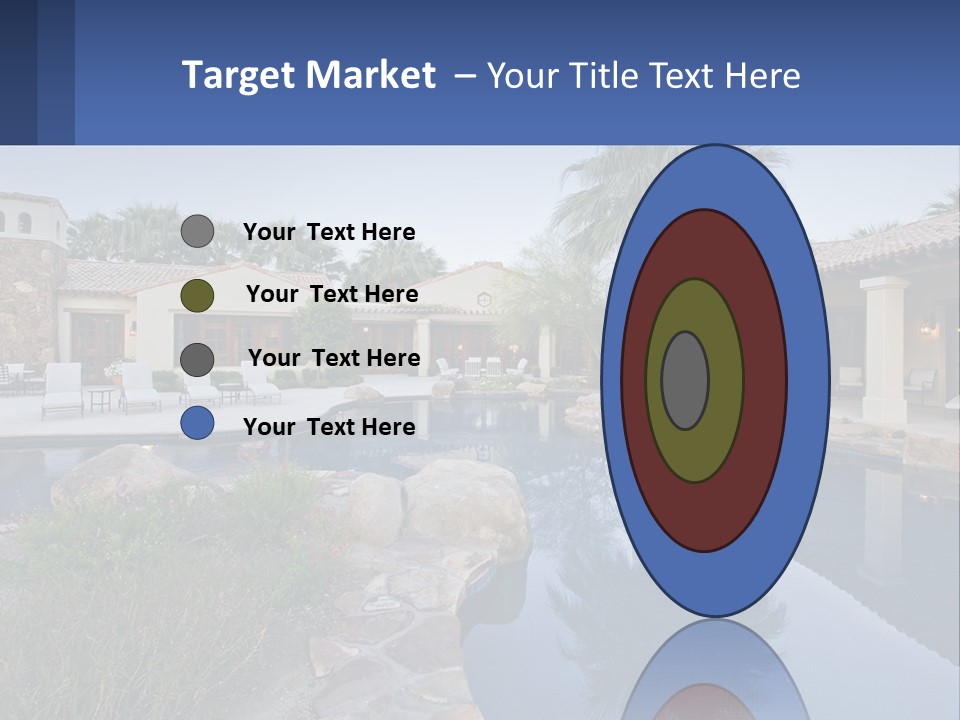 A Pool Surrounded By Palm Trees Next To A House PowerPoint Template