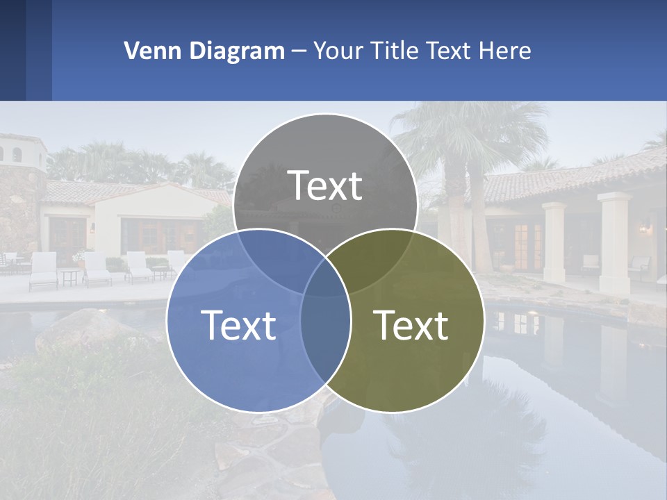 A Pool Surrounded By Palm Trees Next To A House PowerPoint Template