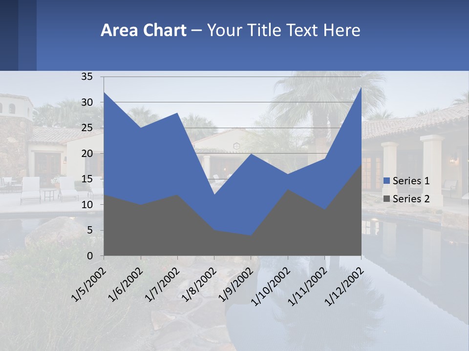 A Pool Surrounded By Palm Trees Next To A House PowerPoint Template