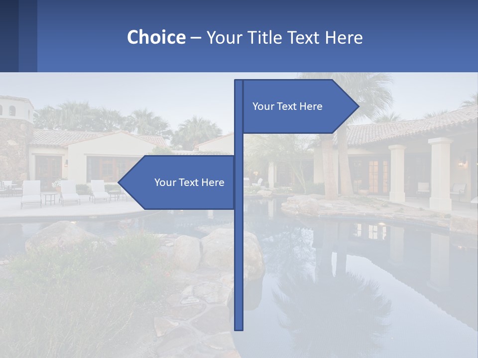 A Pool Surrounded By Palm Trees Next To A House PowerPoint Template
