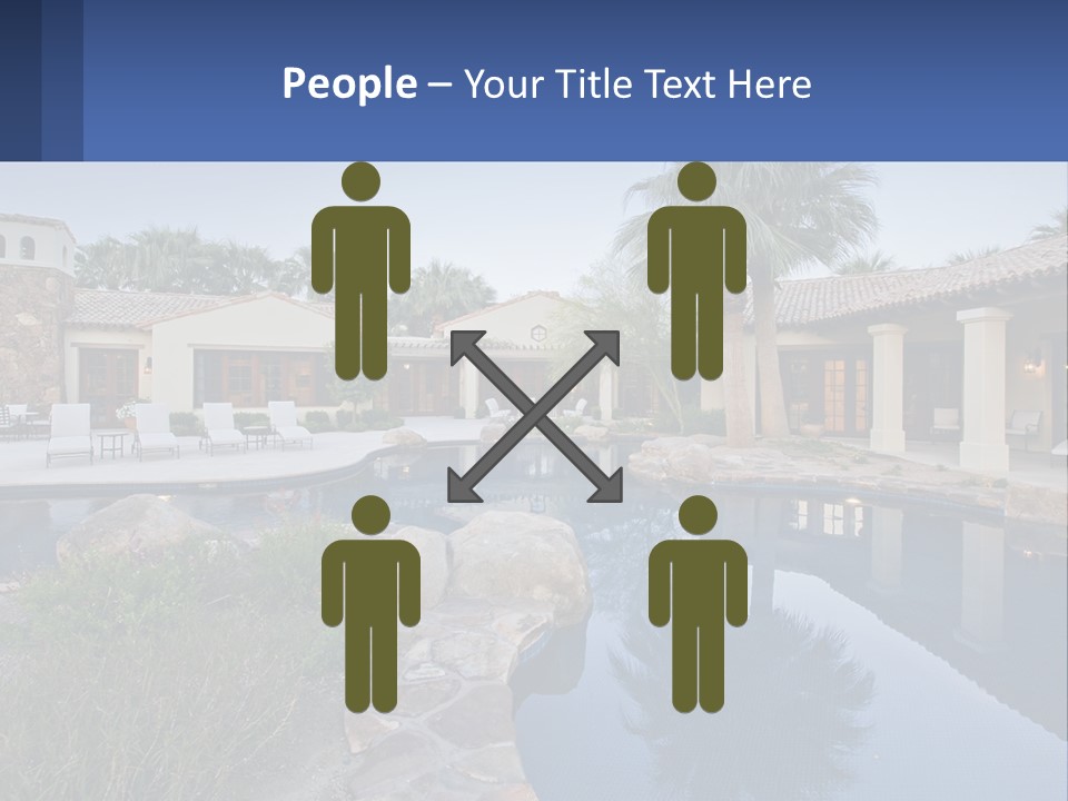 A Pool Surrounded By Palm Trees Next To A House PowerPoint Template