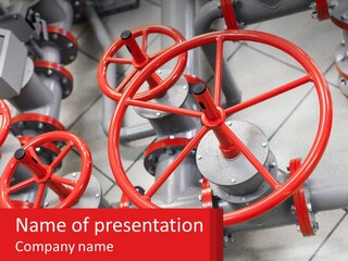 A Group Of Metal Pipes With Red Wheels On Them PowerPoint Template