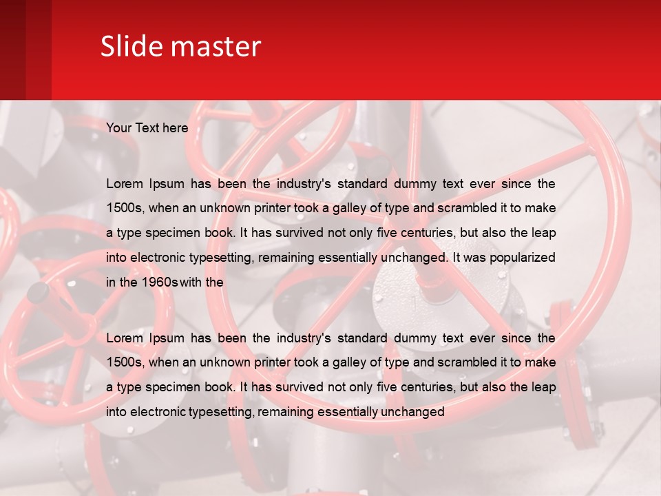 A Group Of Metal Pipes With Red Wheels On Them PowerPoint Template