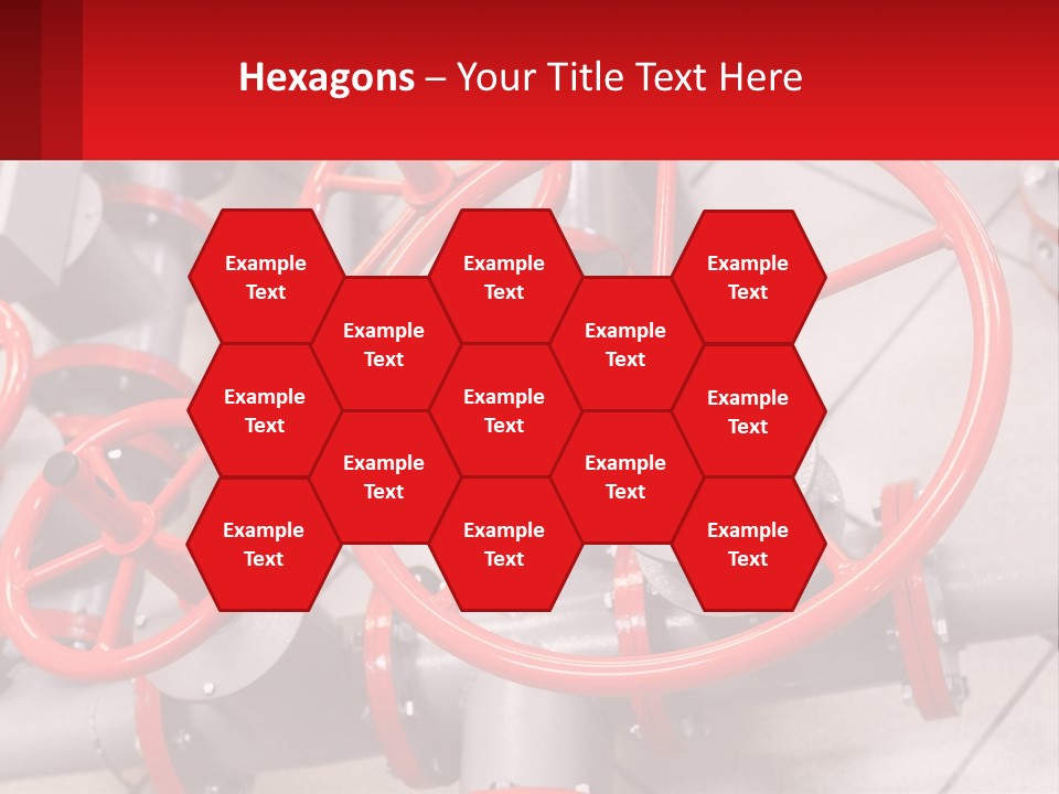 A Group Of Metal Pipes With Red Wheels On Them PowerPoint Template