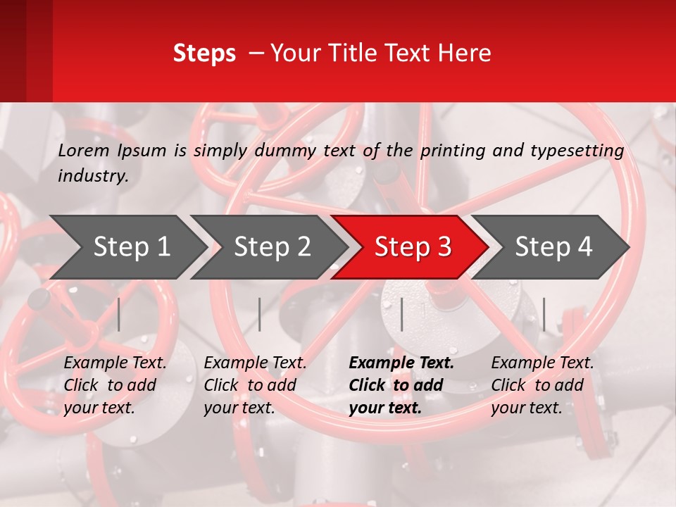 A Group Of Metal Pipes With Red Wheels On Them PowerPoint Template
