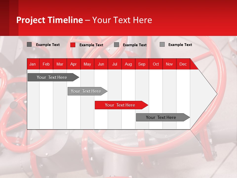 A Group Of Metal Pipes With Red Wheels On Them PowerPoint Template