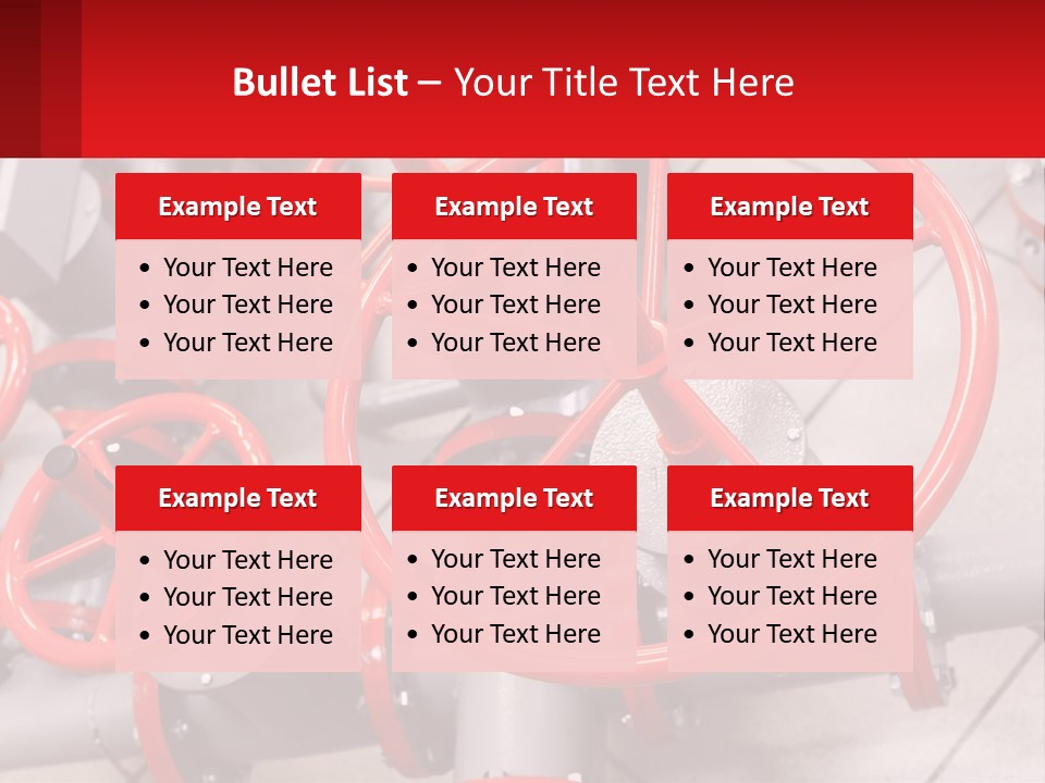 A Group Of Metal Pipes With Red Wheels On Them PowerPoint Template