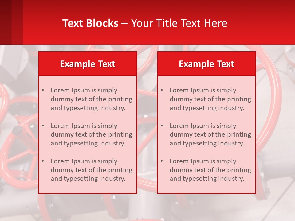 A Group Of Metal Pipes With Red Wheels On Them PowerPoint Template