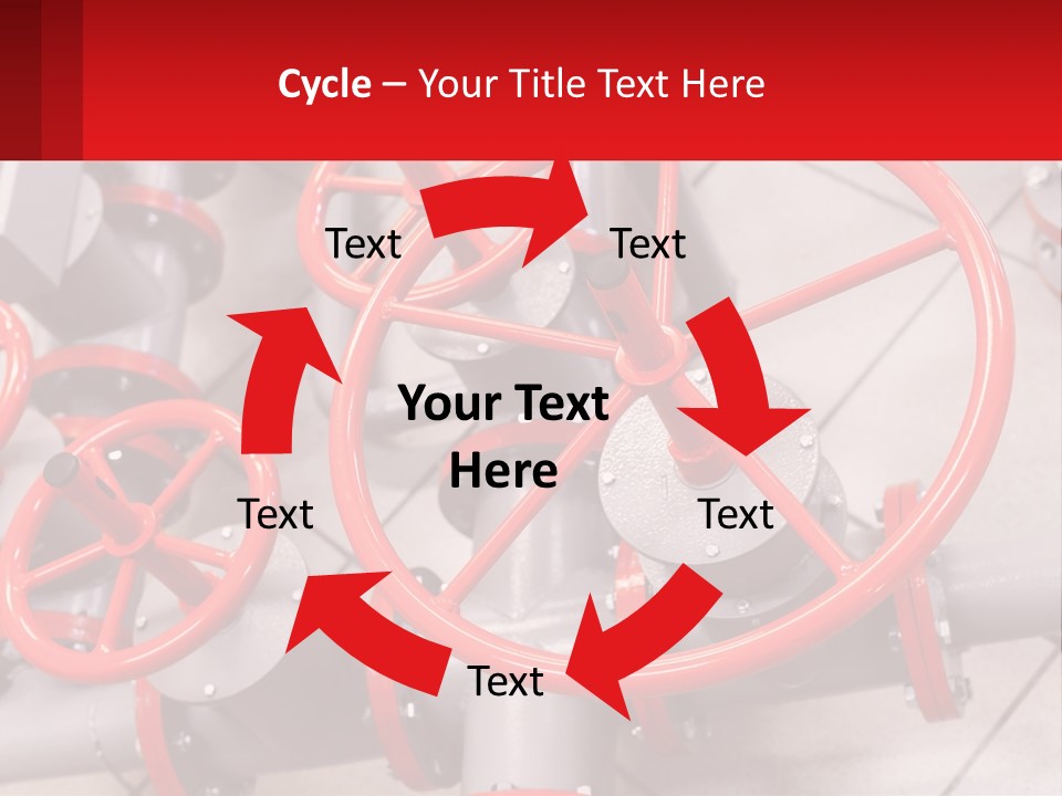 A Group Of Metal Pipes With Red Wheels On Them PowerPoint Template