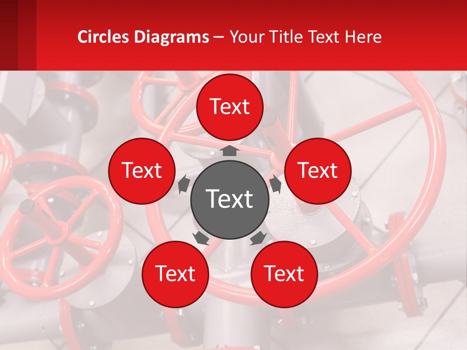 A Group Of Metal Pipes With Red Wheels On Them PowerPoint Template