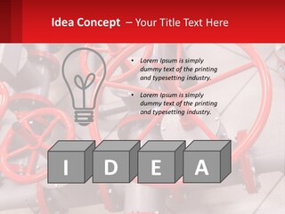 A Group Of Metal Pipes With Red Wheels On Them PowerPoint Template