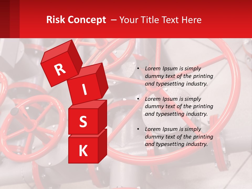 A Group Of Metal Pipes With Red Wheels On Them PowerPoint Template