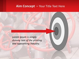A Group Of Metal Pipes With Red Wheels On Them PowerPoint Template