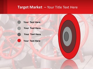 A Group Of Metal Pipes With Red Wheels On Them PowerPoint Template