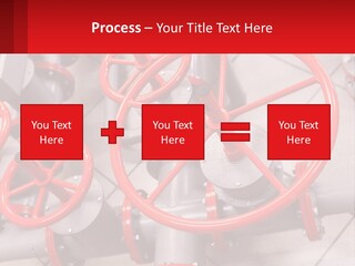 A Group Of Metal Pipes With Red Wheels On Them PowerPoint Template