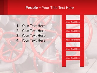 A Group Of Metal Pipes With Red Wheels On Them PowerPoint Template