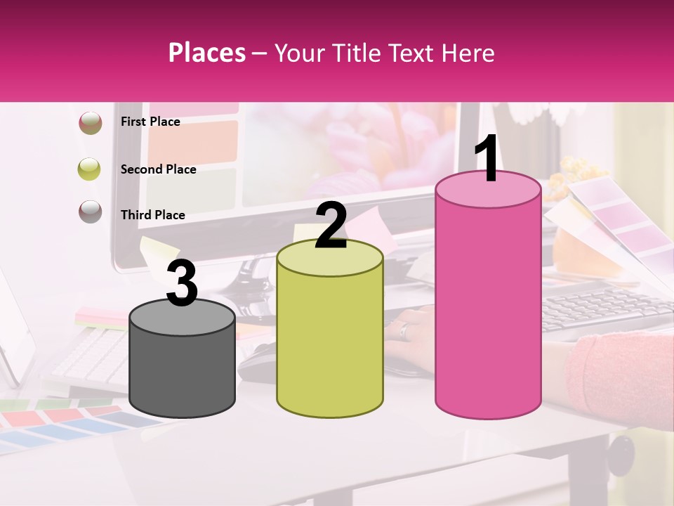 A Woman Sitting At A Desk Using A Computer PowerPoint Template