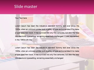 A Woman Sitting At A Desk Using A Computer PowerPoint Template