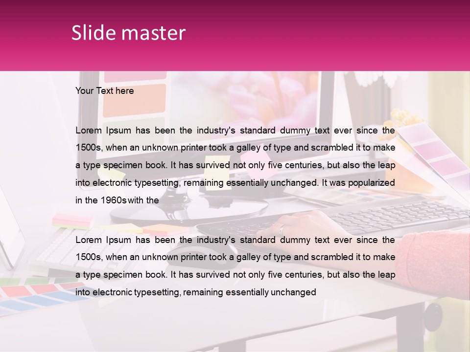 A Woman Sitting At A Desk Using A Computer PowerPoint Template