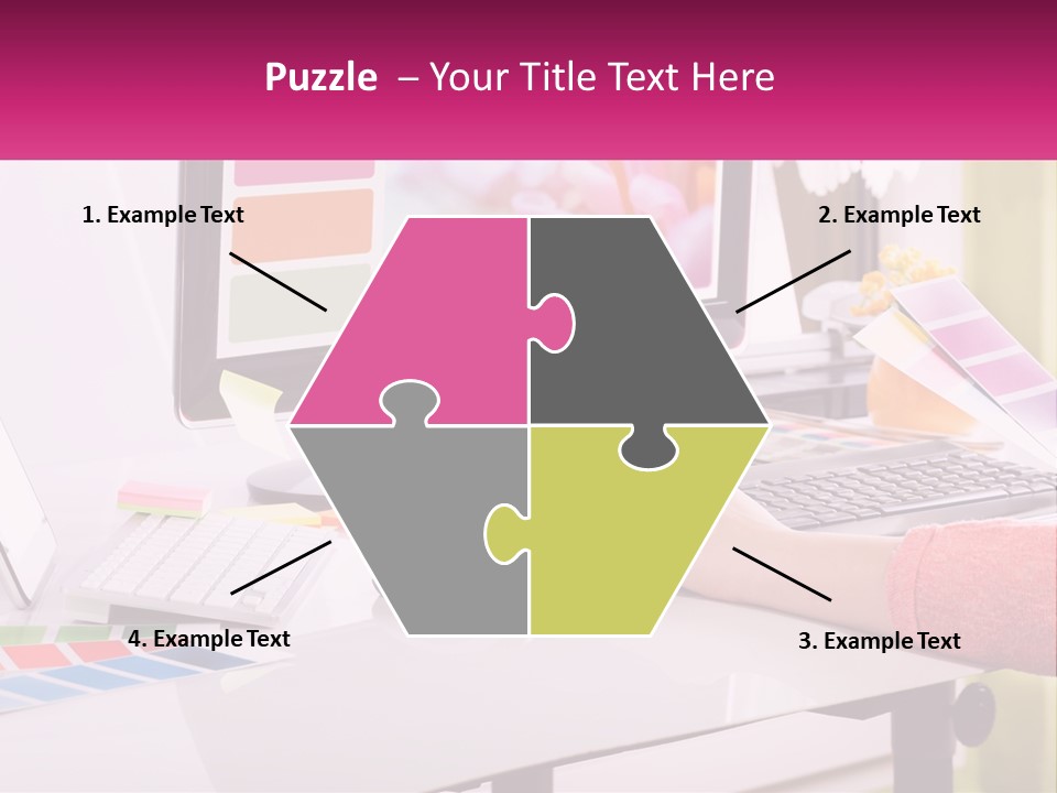 A Woman Sitting At A Desk Using A Computer PowerPoint Template