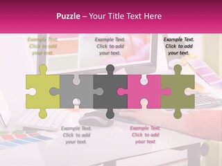 A Woman Sitting At A Desk Using A Computer PowerPoint Template