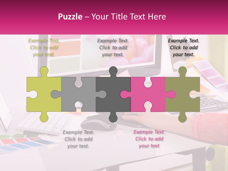 A Woman Sitting At A Desk Using A Computer PowerPoint Template