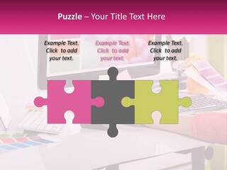 A Woman Sitting At A Desk Using A Computer PowerPoint Template