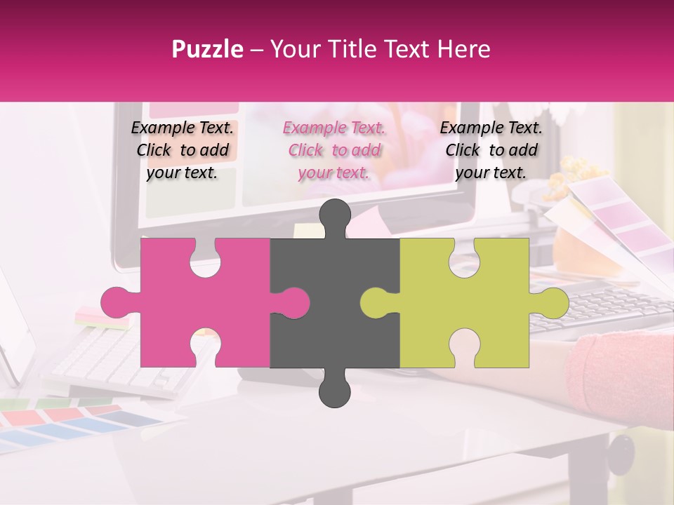 A Woman Sitting At A Desk Using A Computer PowerPoint Template