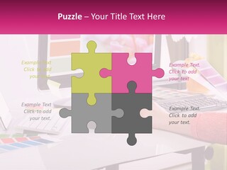 A Woman Sitting At A Desk Using A Computer PowerPoint Template