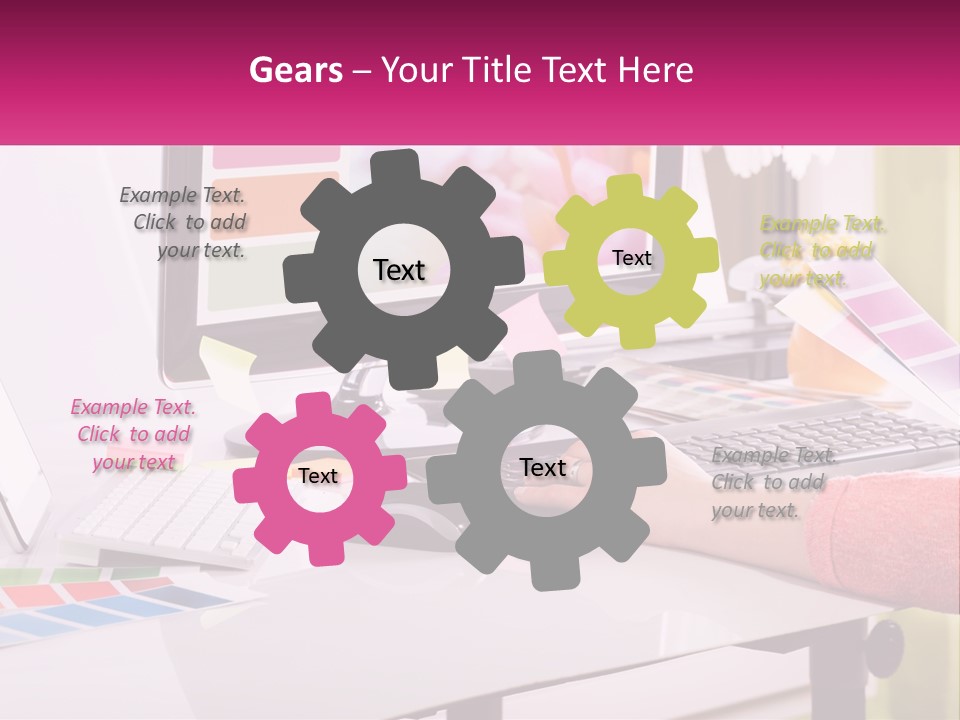 A Woman Sitting At A Desk Using A Computer PowerPoint Template