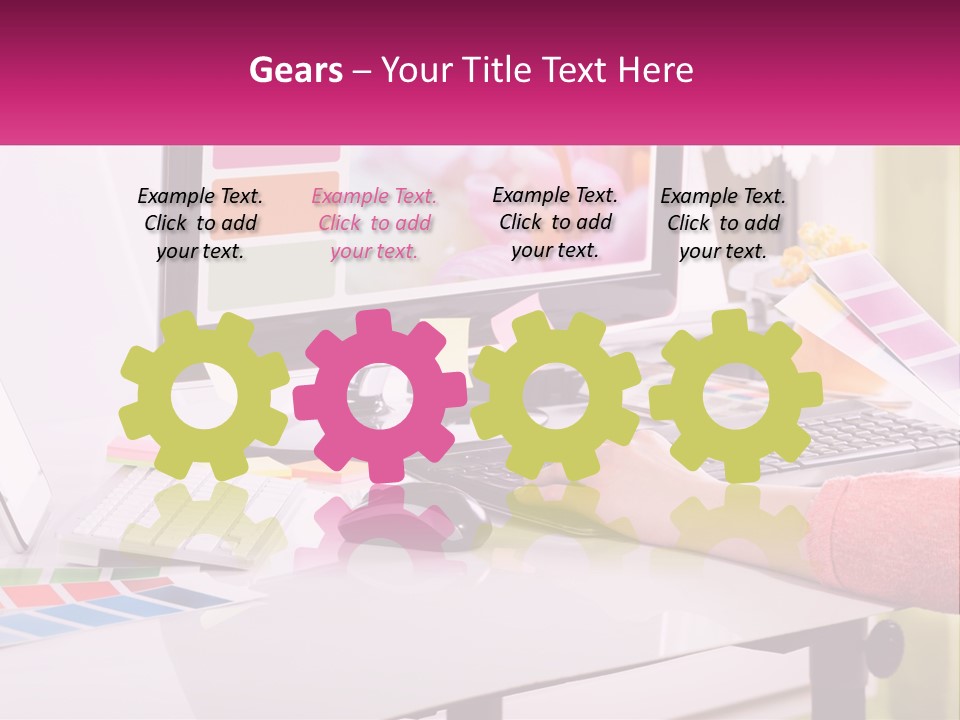 A Woman Sitting At A Desk Using A Computer PowerPoint Template