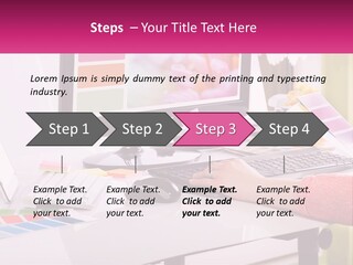 A Woman Sitting At A Desk Using A Computer PowerPoint Template