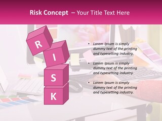 A Woman Sitting At A Desk Using A Computer PowerPoint Template