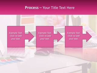 A Woman Sitting At A Desk Using A Computer PowerPoint Template