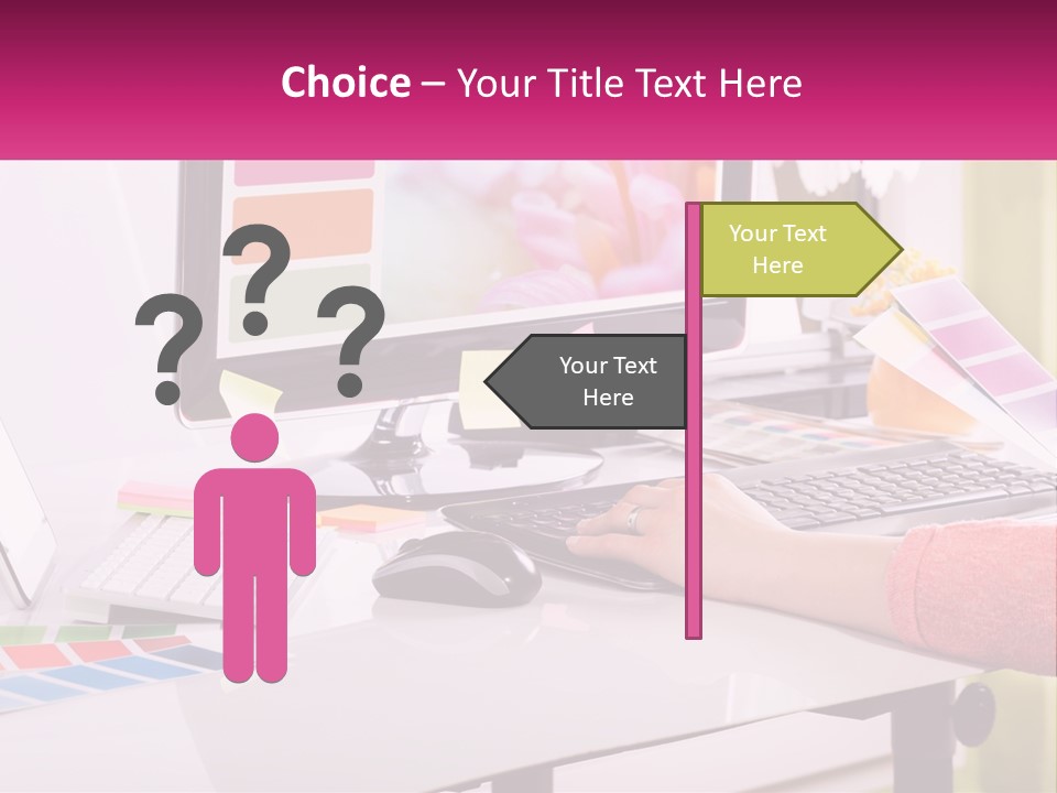 A Woman Sitting At A Desk Using A Computer PowerPoint Template