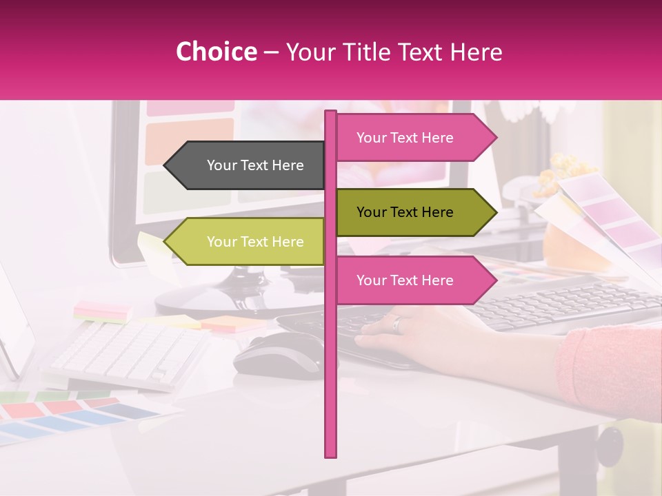 A Woman Sitting At A Desk Using A Computer PowerPoint Template