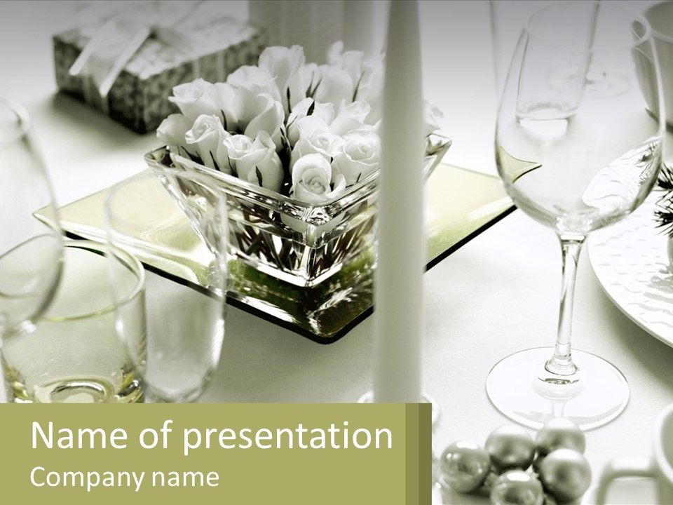A Table With A Vase Of Flowers And Wine Glasses PowerPoint Template