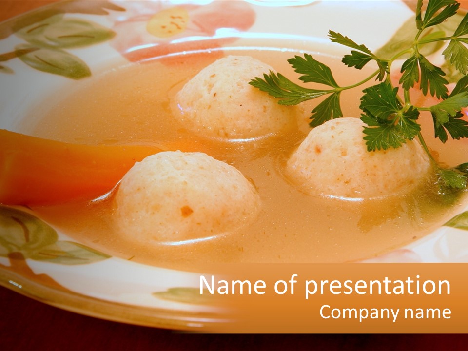 A Plate Of Soup With Three Dumplings And Parsley PowerPoint Template