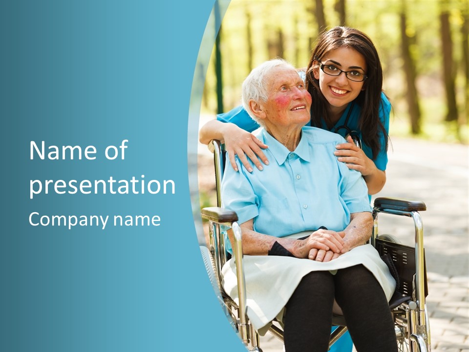 A Woman In A Wheelchair With A Man In A Blue Shirt PowerPoint Template