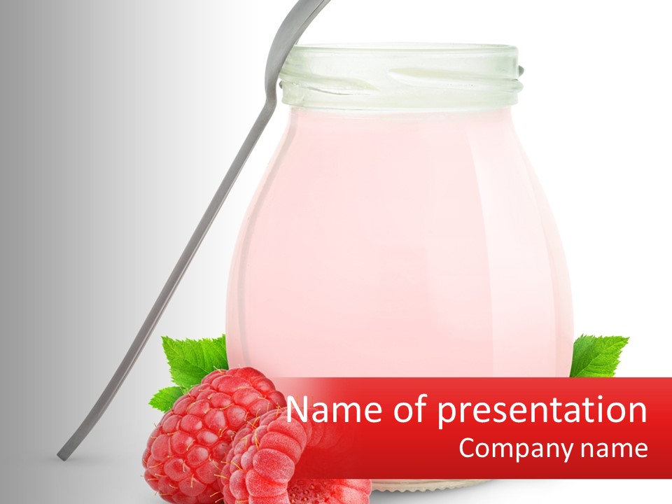 A Jar Of Pink Liquid With Raspberries And A Spoon PowerPoint Template